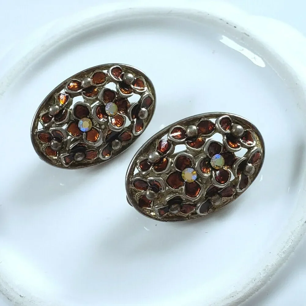 Vintage Earrings Silvertone Floral Enamel Rhinestone Classic Midcentury Clip Ons